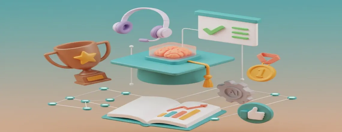 AI brain on platform with trophy, book, and learning symbols