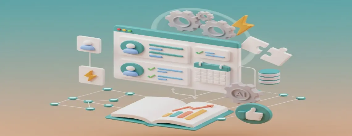 AI dashboard showing user profiles, gears, and workflow automation