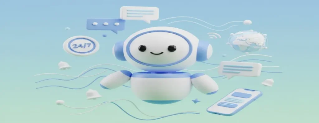 Friendly AI chatbot with communication icons and 24/7 support badge