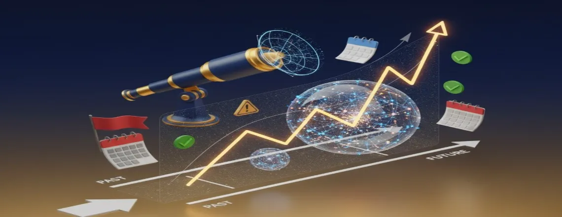 AI brain with telescope, growth chart, and analytics symbols on dark background