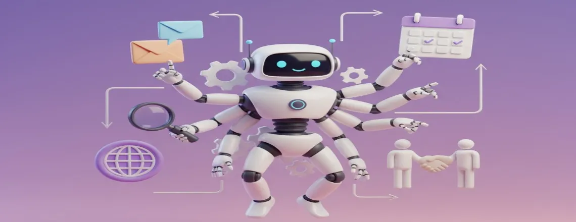 Multi-armed robot managing emails, calendar, and customer tasks