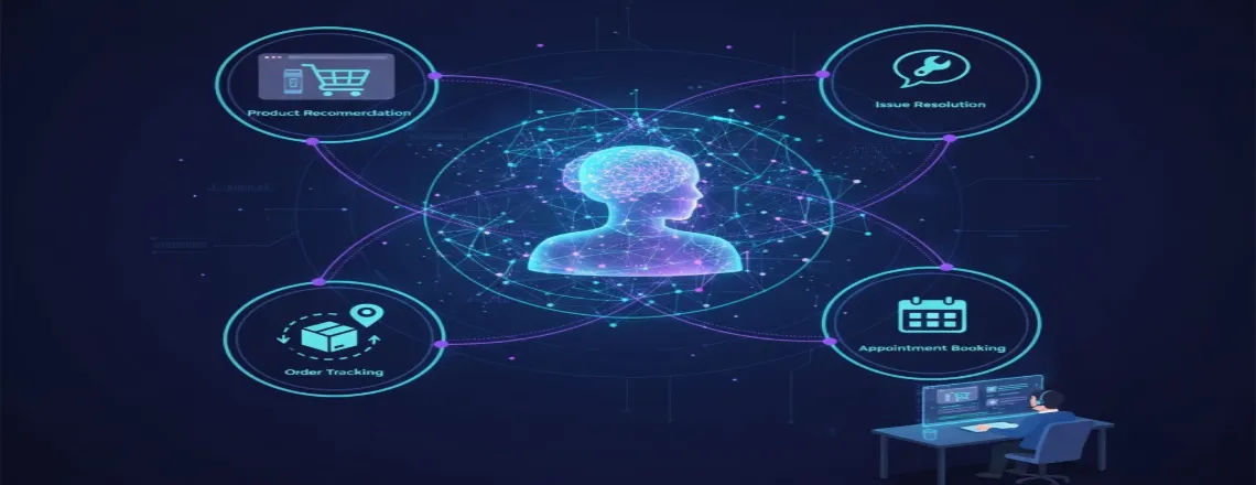 AI concierge interface managing multiple customer service tasks simultaneously including product recommendations, issue resolution, order tracking, and appointment booking with seamless handoff to human agents