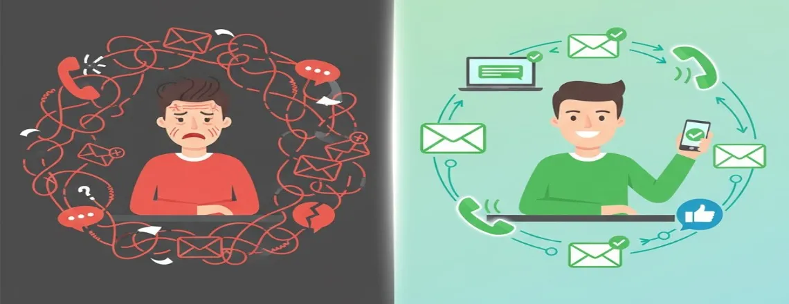 Before and after comparison showing frustrated customer with disconnected communication channels versus happy customer with unified omnichannel support flow