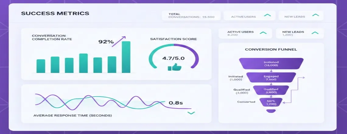 Chatbot performance metrics dashboard showing response rates, satisfaction scores, and conversion analytics