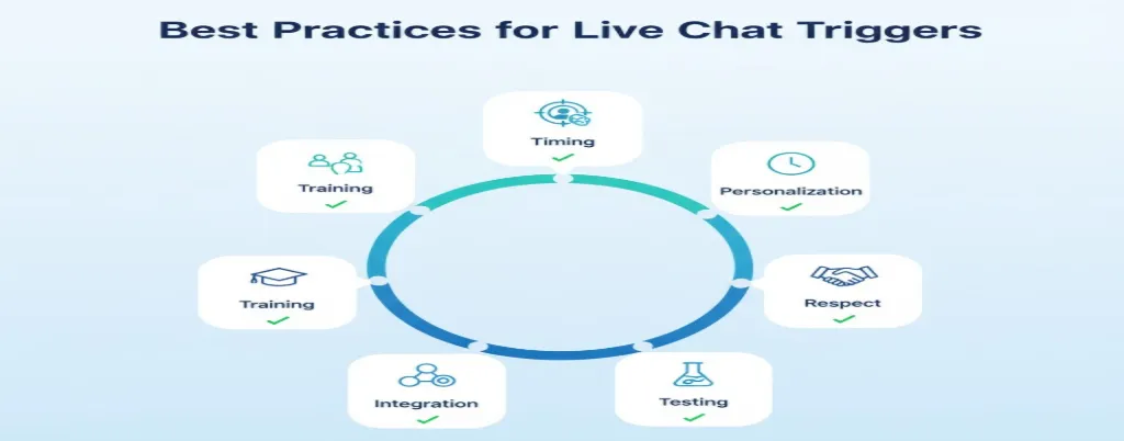 Checklist of live chat trigger optimization best practices including timing, personalization, and testing.