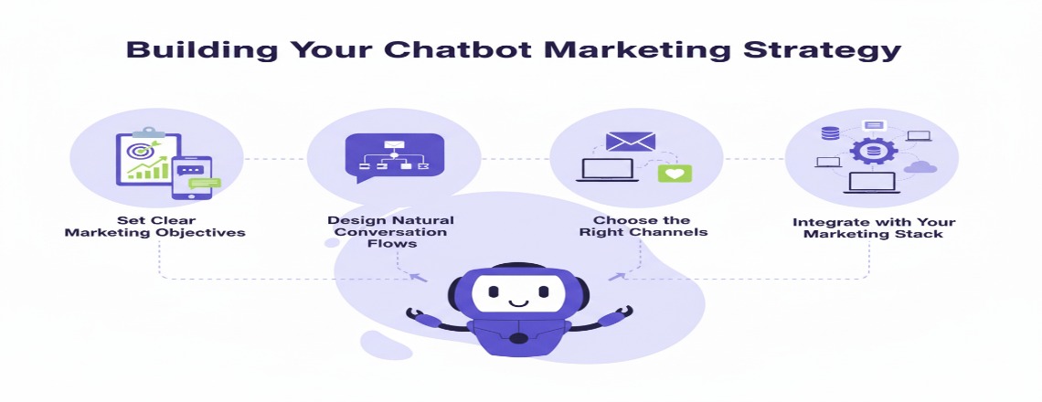 Steps to create a successful chatbot marketing strategy including goals, channels, and integration.