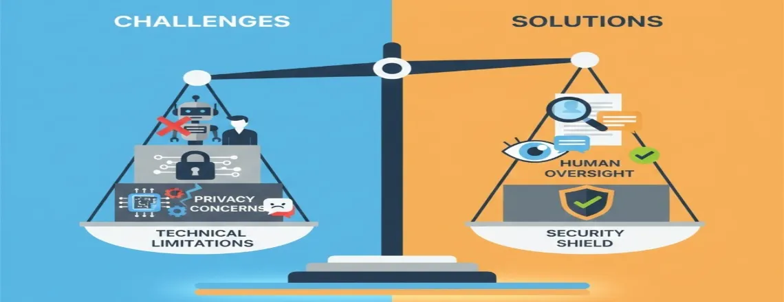 Key challenges in chatbot implementation including scalability, user trust, data privacy, and solutions for overcoming technical limitations