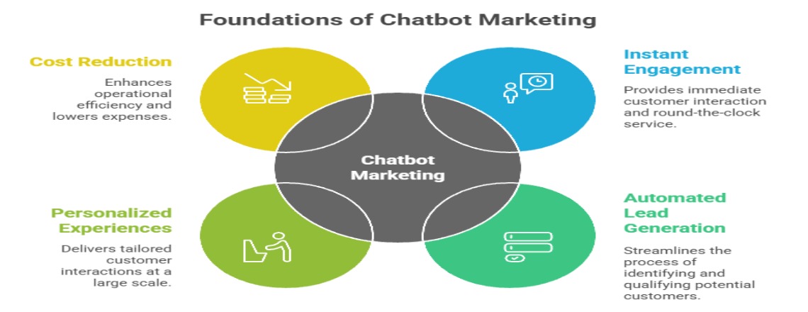 Key advantages of chatbot marketing including instant engagement, lead generation, personalization, and cost savings.
