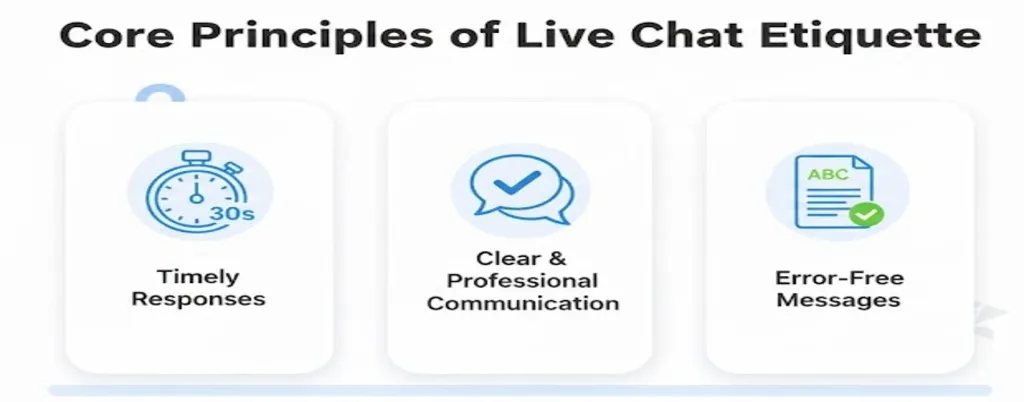 Essential live chat etiquette principles like quick response and professionalism.