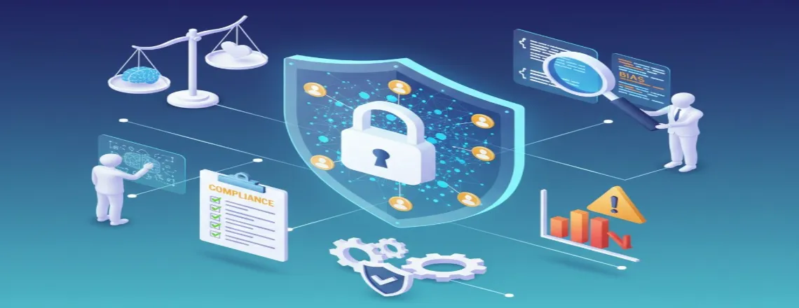 AI security shield with lock, balance scales, and compliance symbols