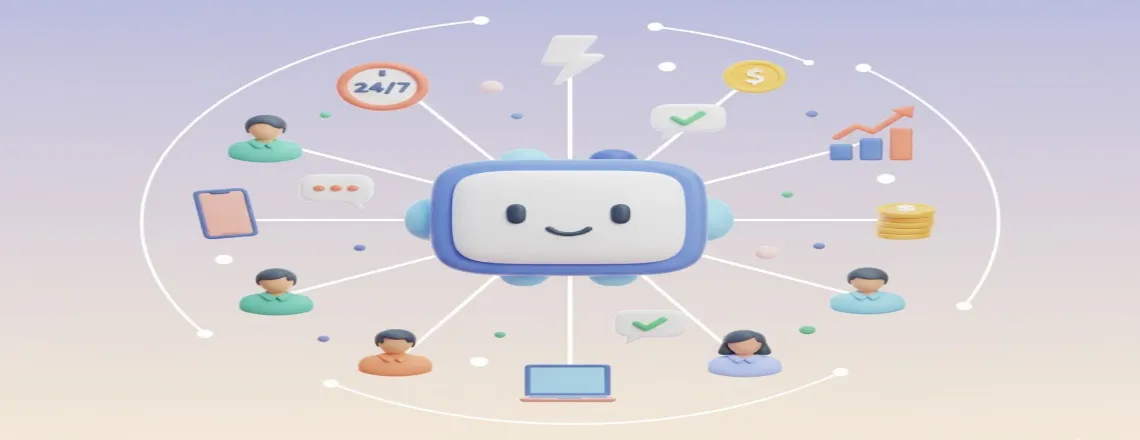 AI chatbot connecting to multiple customers across different devices 24/7