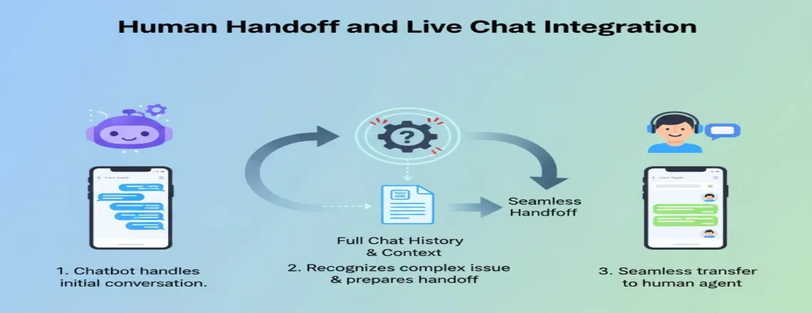 Smooth chatbot handoff to a live support agent with full chat history.