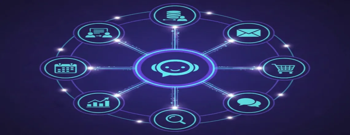 Chatbot integration ecosystem connecting with CRM, email marketing, ecommerce, and business tools