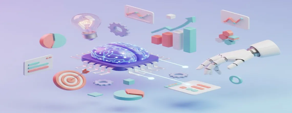 Purple AI brain surrounded by innovation and analytics icons