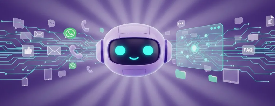 Omnichannel customer support illustration showing ChatboqAI chatbots connecting multiple communication channels including mobile chat, desktop dashboard, email, and social media into a unified support system