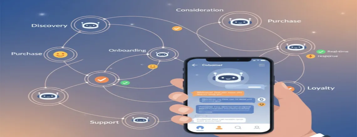 Customer journey visualization highlighting AI chatbot touchpoints providing personalized support and seamless user engagement throughout digital experience