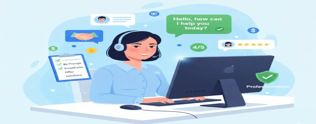 Customer service agent demonstrating professional live chat etiquette with friendly online communication.