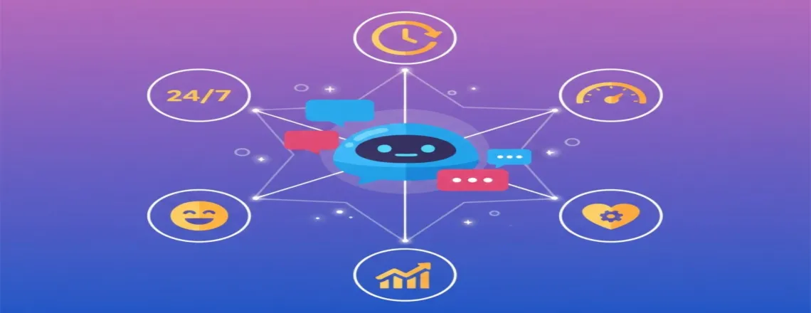 Key benefits of chatbot technology including increased efficiency, 24/7 availability, personalization, data insights, and improved user satisfaction