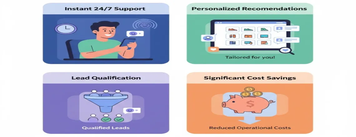 Infographic illustrating the key benefits of chatbot marketing strategies including automation, personalization, and cost savings
