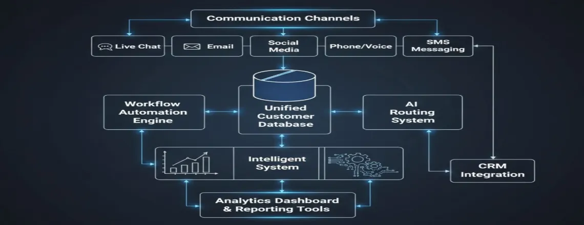 Technical architecture diagram showing omnichannel platform structure with unified customer database, communication channels, workflow automation, AI chatbot layer, analytics dashboard, and CRM integration
