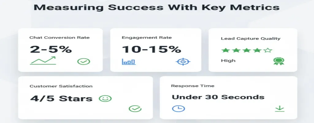 Analytics dashboard showing key chat performance metrics like conversion rate and engagement rate.