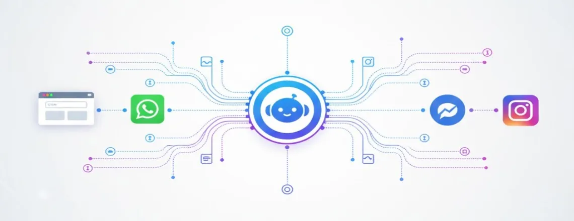 Chatbot connected across website, WhatsApp, and social media platforms demonstrating omnichannel chatbot marketing strategies