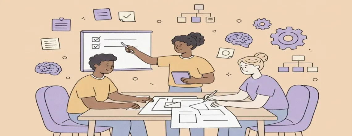 Business team planning chatbot strategy with objectives and use cases illustrated on collaborative workspace