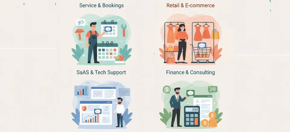 Real-world chatbot use cases across different industries including services, ecommerce, SaaS, and professional services