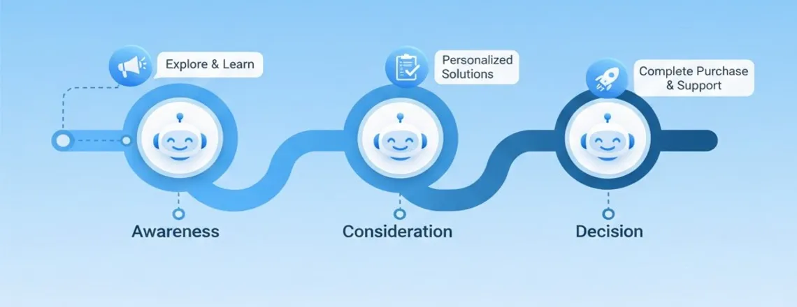 Sales funnel diagram showing chatbot marketing strategies aligned with awareness, consideration, and decision stages