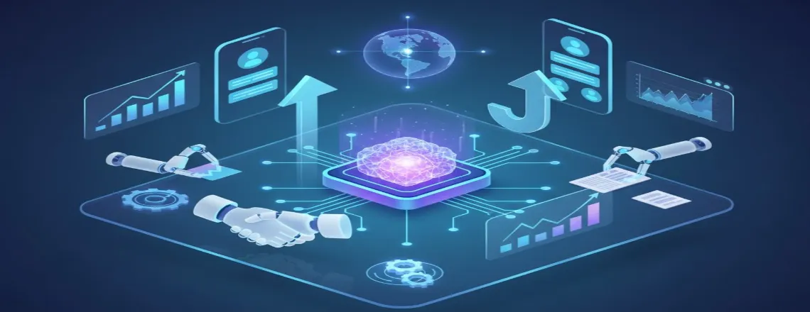AI neural network platform with holographic screens and robotic arms