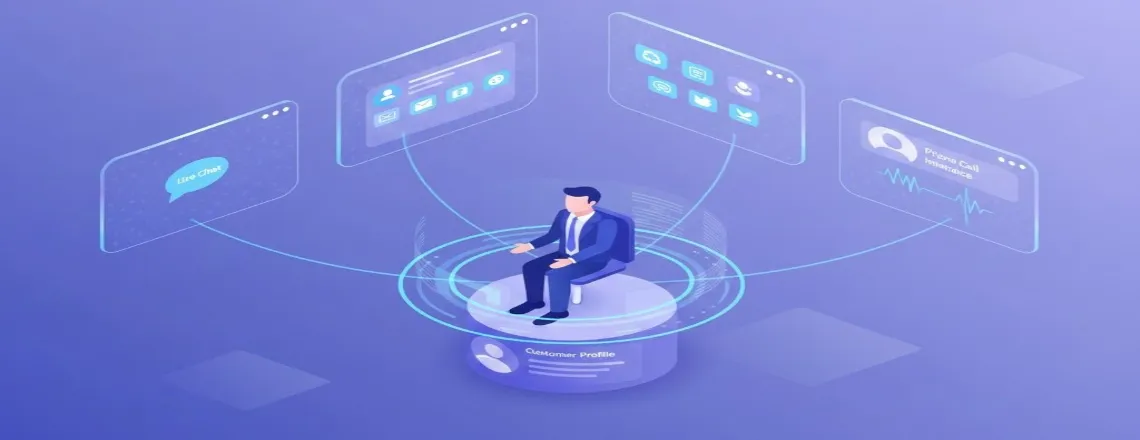 Isometric illustration of support agent with 360-degree dashboard view displaying integrated communication channels including live chat, email, social media, and phone calls connected to central CRM system