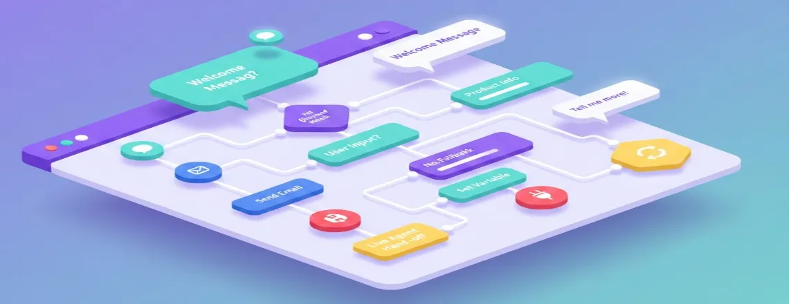 Drag-and-drop chatbot builder interface showing visual conversation flow design