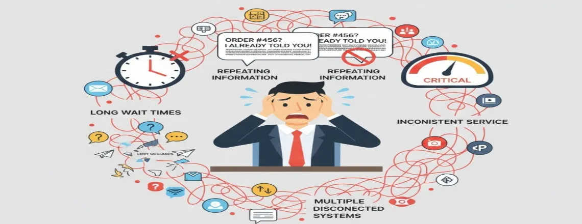 Illustration of overwhelmed support agent surrounded by warning signs including long wait times, repeated customer information, lost messages, and inconsistent service quality indicators