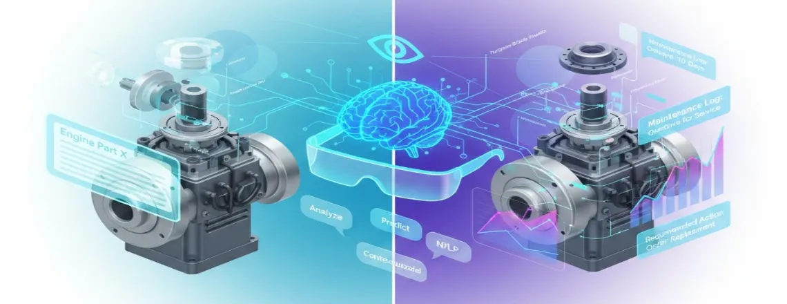 Before and after comparison of industrial equipment with AI brain and AR holographic overlays showing smart manufacturing transformation