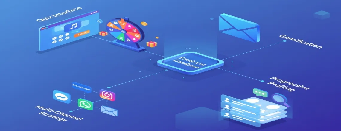 Advanced chatbot strategies visualization featuring quiz interfaces, gamification wheels, multi-channel connections, and progressive profiling layers