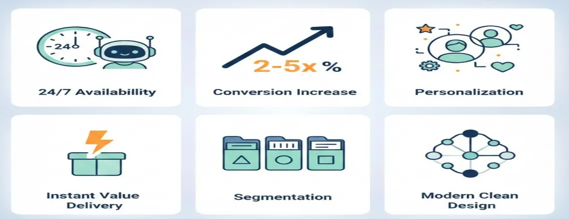 Grid of icons illustrating chatbot benefits including 24/7 availability, 2-5x higher conversion rates, personalization, instant delivery, and automated segmentation