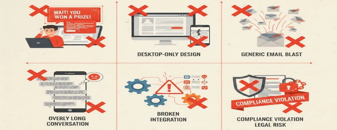 Common chatbot mistakes to avoid: aggressive popups, lengthy conversations, poor mobile optimization, broken integrations, and compliance violations marked with red X symbols
