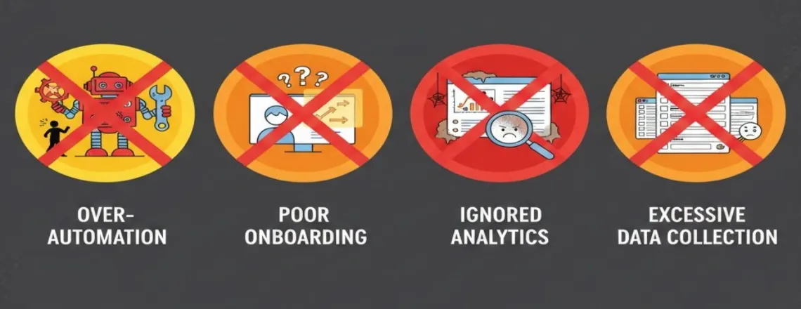 Four common chatbot marketing mistakes: over-automation, poor onboarding, ignored analytics, and excessive data collection