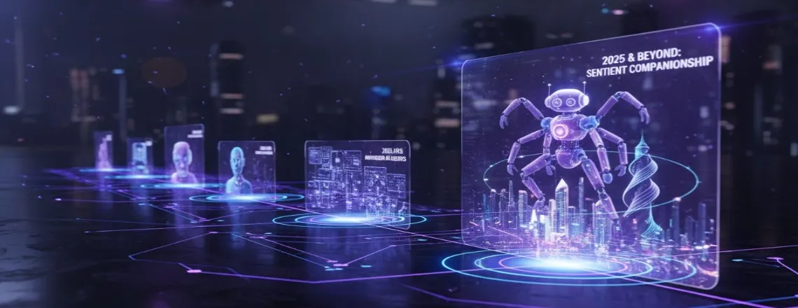 AI chatbot technology evolution roadmap for 2025 featuring advanced automation, holographic interfaces, and interconnected digital networks