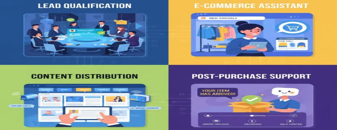 Chatbot marketing use cases: lead qualification, e-commerce assistance, content distribution, and post-purchase support