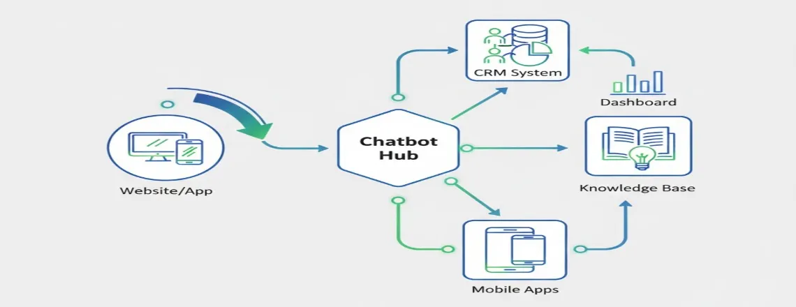 Technical diagram illustrating AI chatbot integration workflow connecting website, CRM, analytics dashboard, knowledge base, and mobile applications