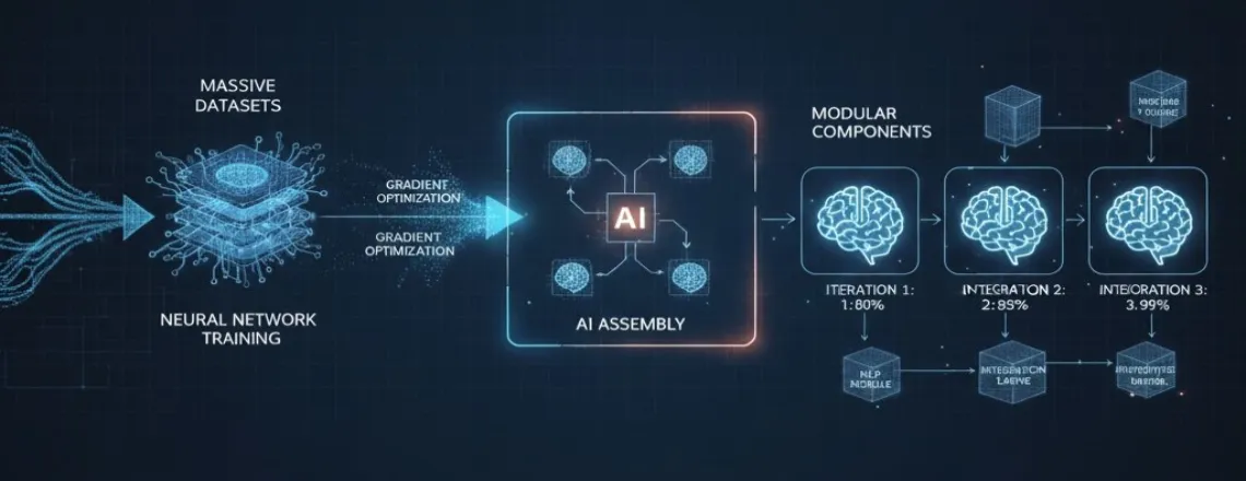 AI workflow showing neural network training, AI assembly, and modular components with iterative improvements for chatbot development.