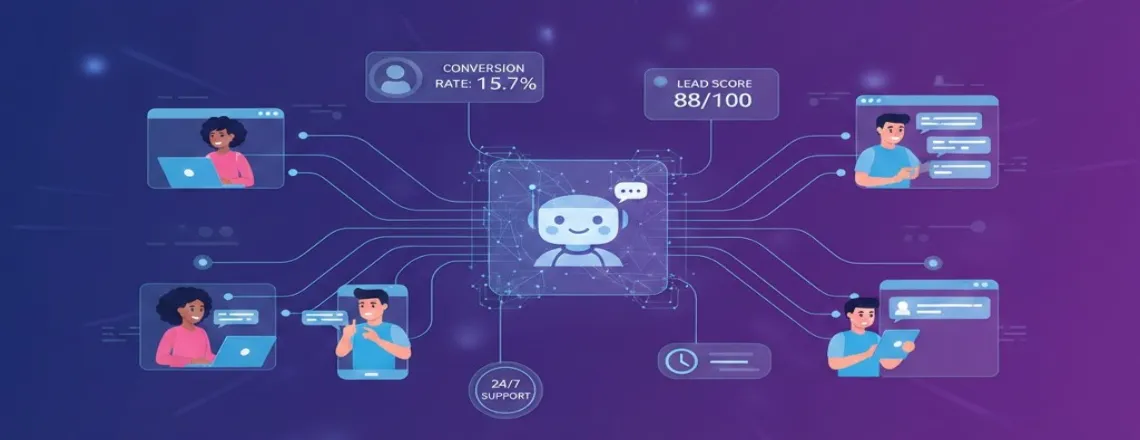 AI chatbot marketing hub showing automated conversations across multiple customer touchpoints with conversion metrics and 24/7 engagement capabilities for 2025