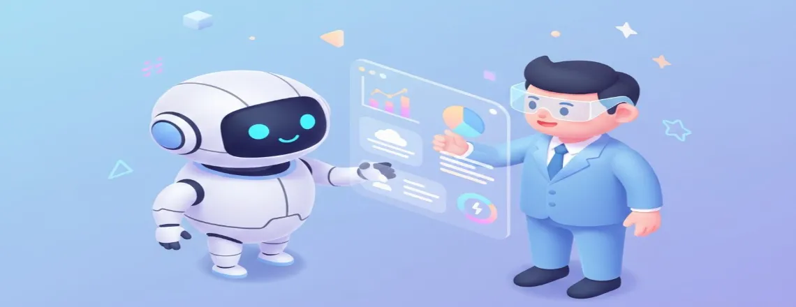 Friendly AI robot and business professional interacting with holographic AR interface showing data analytics and digital collaboration