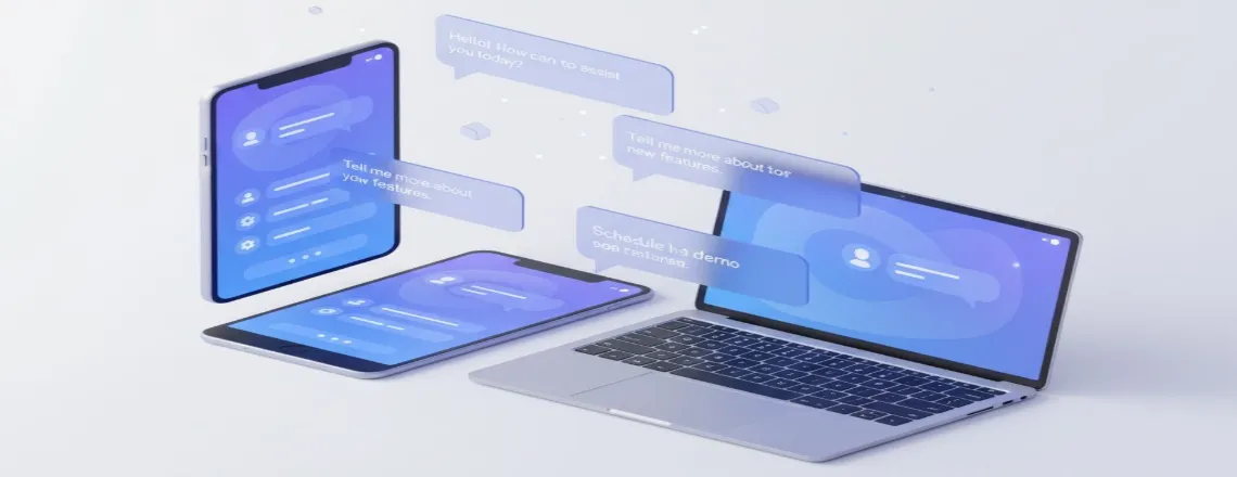 AI chatbot interface displayed across multiple devices including smartphone, laptop, and tablet with holographic chat bubbles showing conversational AI in action