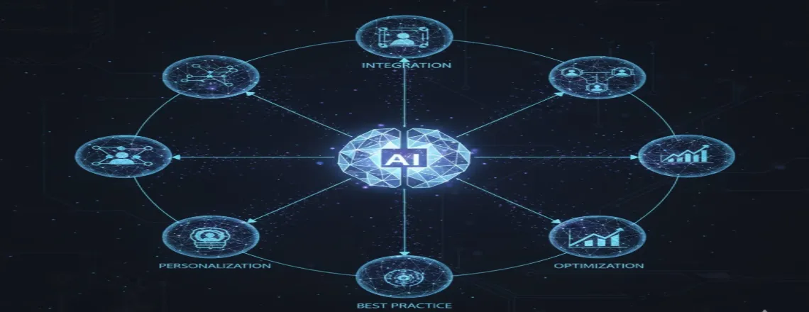 Network diagram with AI brain at center connected to eight nodes labeled Integration, Personalization, Best Practice, and Optimization.