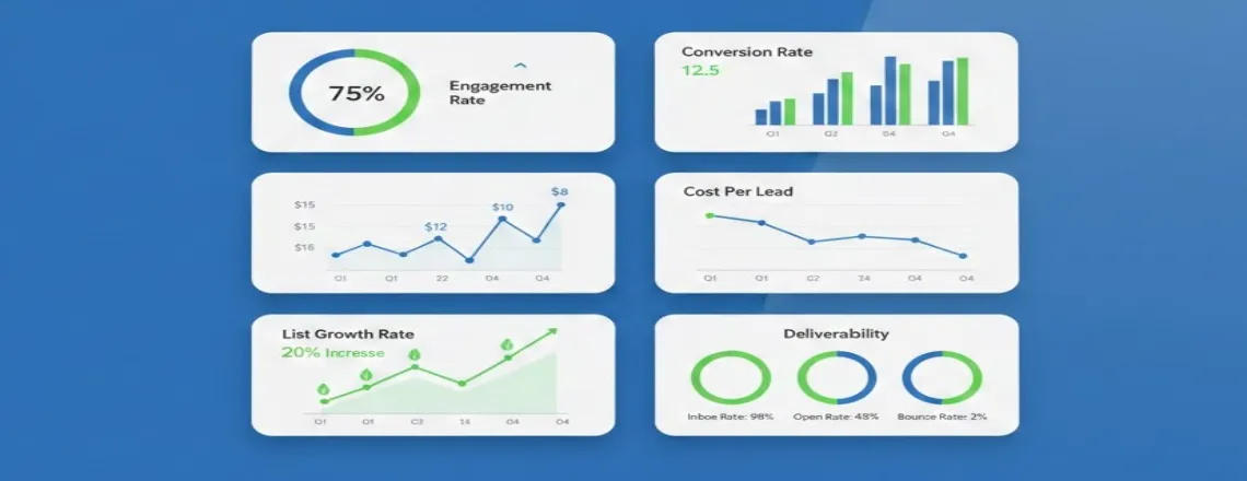 Analytics dashboard displaying key chatbot metrics including engagement rate, conversion percentage, cost per lead, list growth trends, and email deliverability
