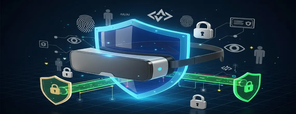 AR headset with security shields and privacy protection symbols showing data encryption and cybersecurity features