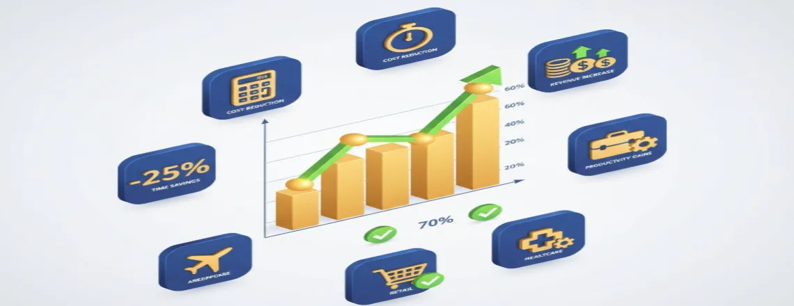 Business ROI chart showing 70% growth with AR implementation metrics including cost reduction, revenue growth, and productivity gains