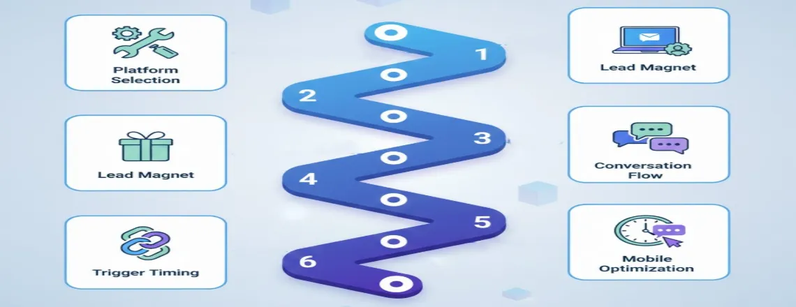 Six-step roadmap infographic for building email list with chatbots: platform selection, lead magnet, conversation design, integration, triggers, and mobile optimization